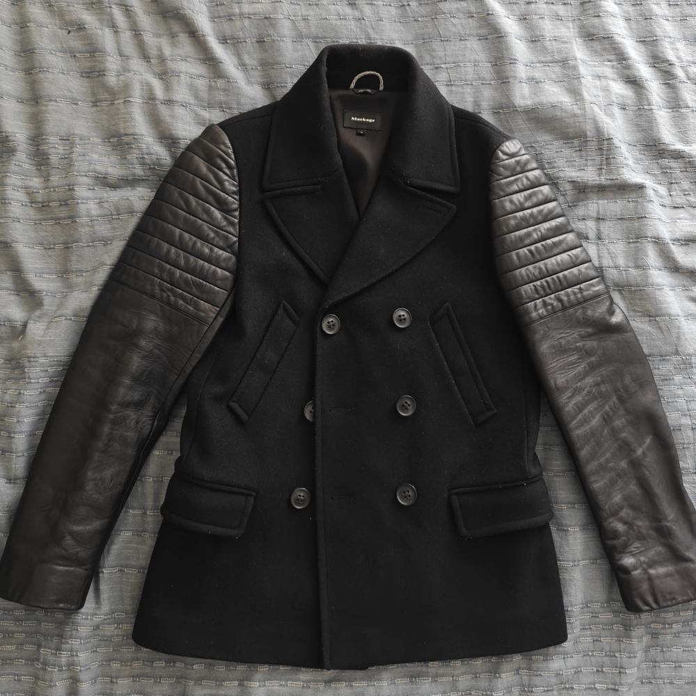 Mackage Black Pea Coat with Leather Sleeves